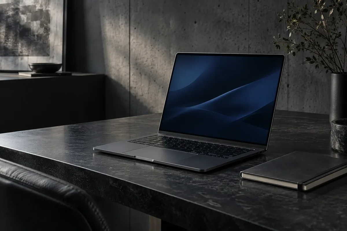 Ambiente de trabalho ilustrativo com notebook sobre uma mesa de pedra escura